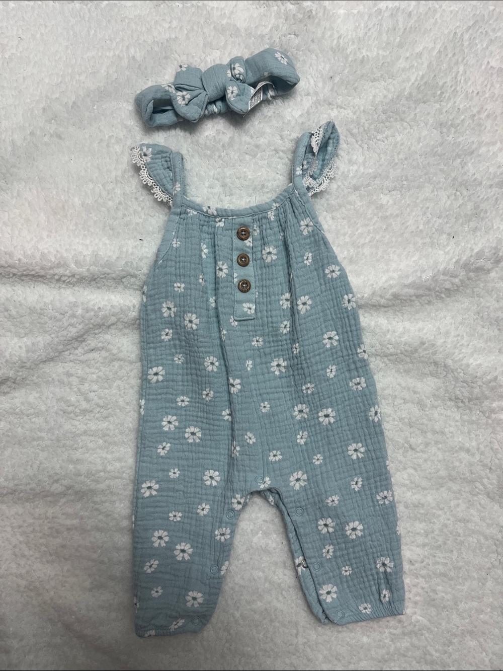 4/25$ Blue Floral Muslin Baby Romper with Headband